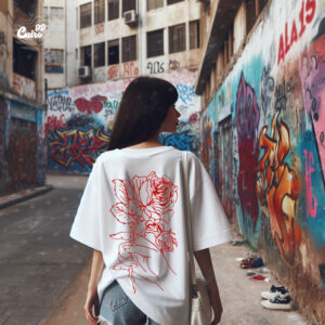 Red Rose Oversized T-shirt For Women - White