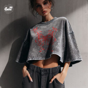Red Butterfly Oversized Crop top - Stone Washed-Gray